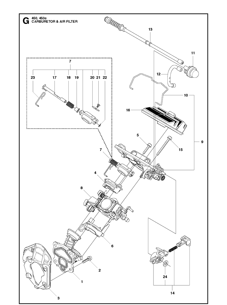 Carburetor And Air Filter Diagram and Parts List for 450E  Husqvarna Chainsaw