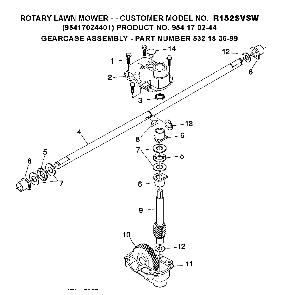 Gear Case Diagram and Parts List for R152SVSW (95417024401)(2005-02) Husqvarna Lawn Mower