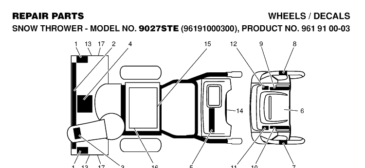 Decals Diagram and Parts List for 9027STE (96191000300)(2005-10) Husqvarna Snow Blower