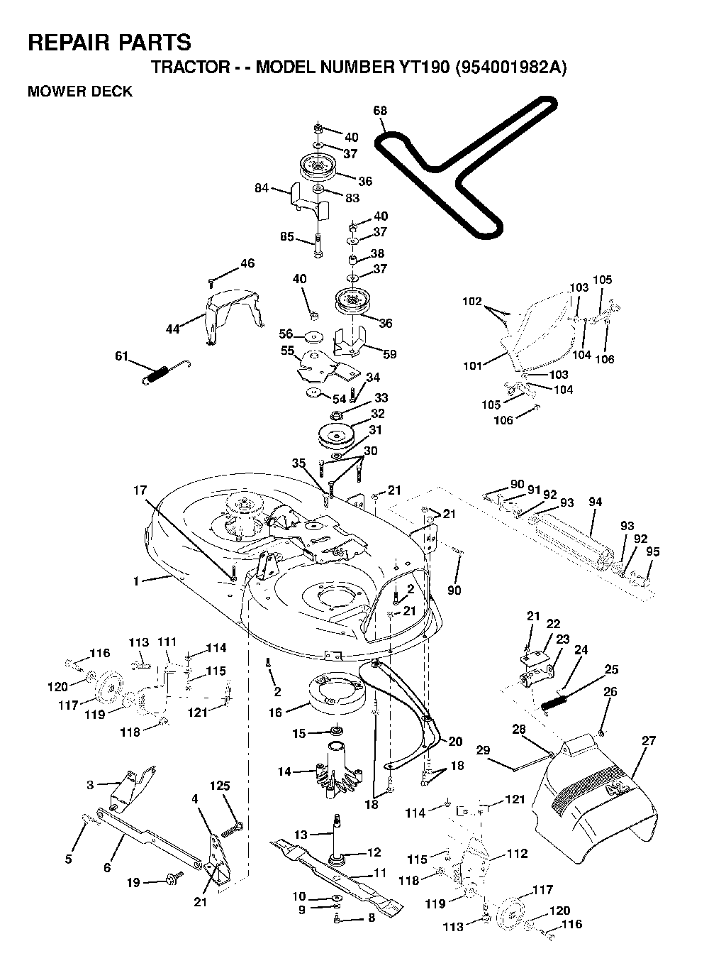 42inch Cutting Deck Diagram and Parts List for YT190 (954001982A)(1995-03) Husqvarna Lawn Tractor