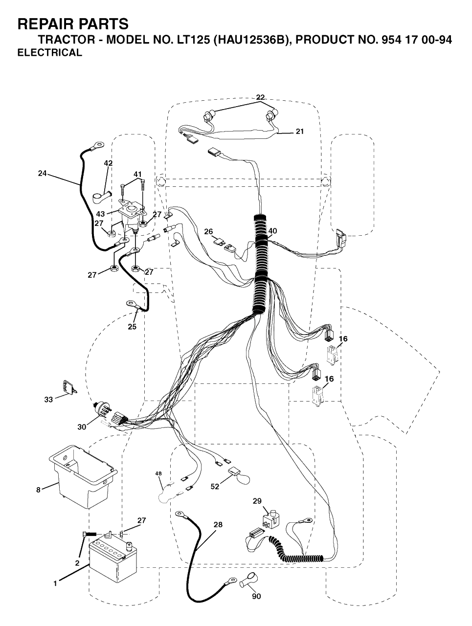 Electrical Diagram and Parts List for LT125 (954170094-B)(2003-01) Husqvarna Lawn Tractor