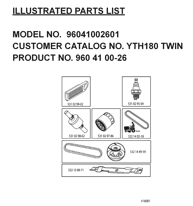 Frequently Used Parts Diagram and Parts List for YTH180 (96041002601)(2007-09) Husqvarna Lawn Tractor