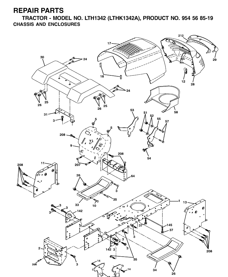 Chassis And Enclosures Diagram and Parts List for LTH1342-LTHK1342A 2002-01 Husqvarna Lawn Tractor