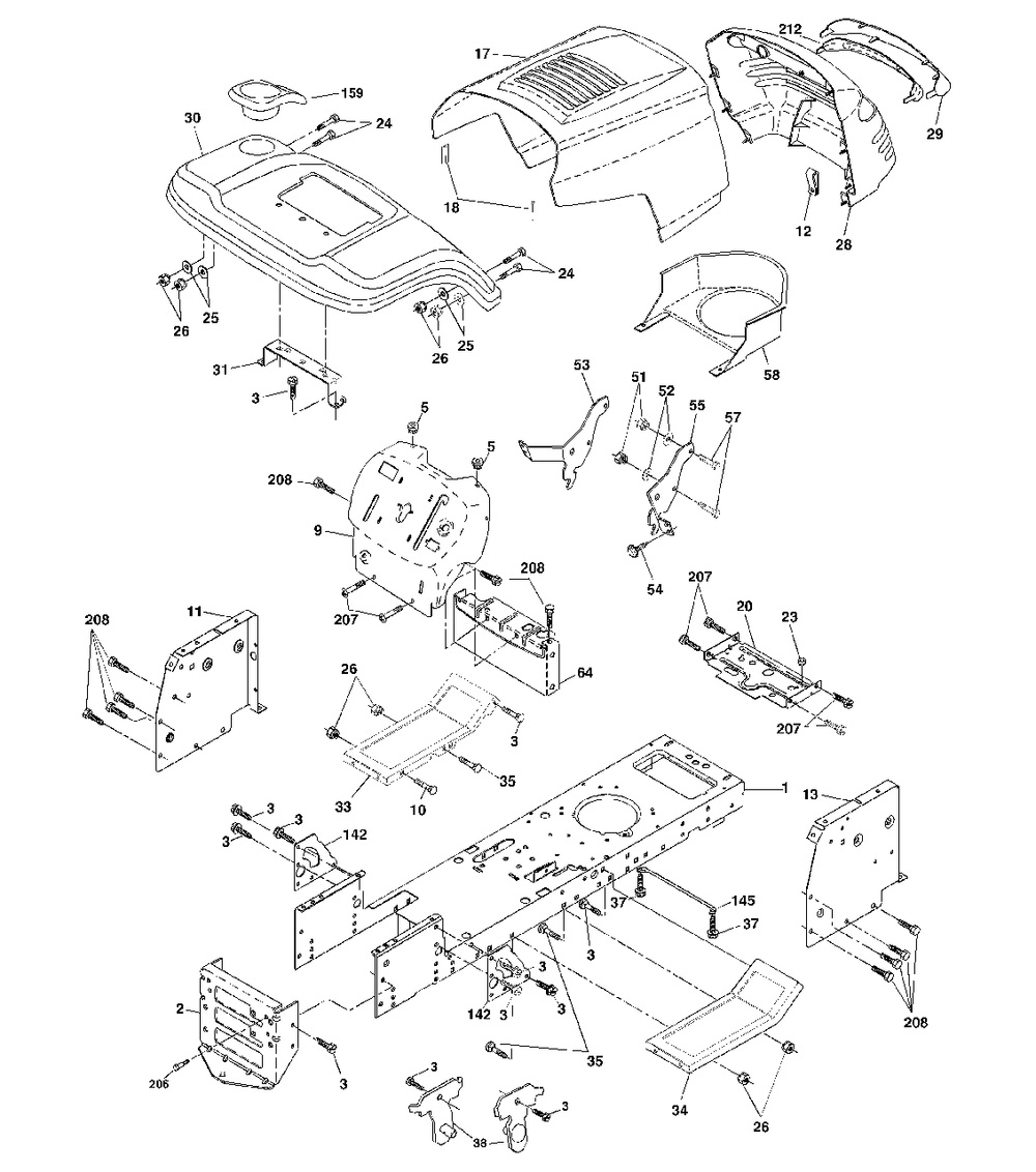 Chassis And Enclosures Diagram and Parts List for YTH1542 (954567048-A)(2000-11) Husqvarna Lawn Tractor