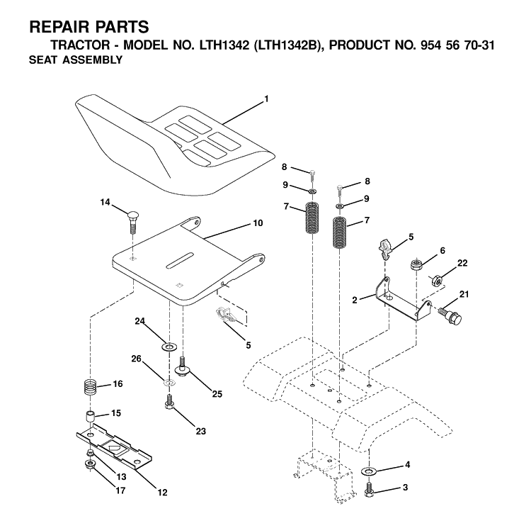 Seat Diagram and Parts List for LTH1342-LTH1342B 2000-12 Husqvarna Lawn Tractor