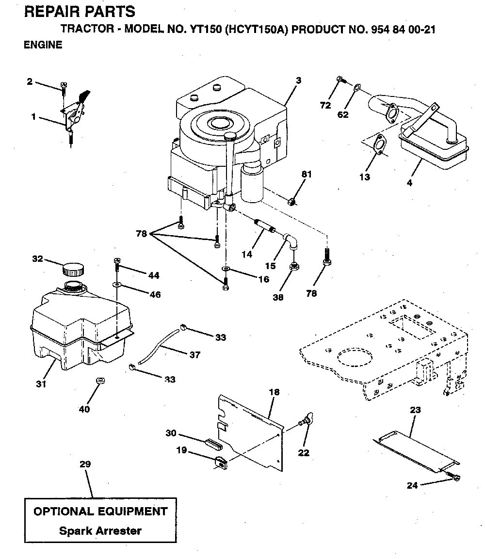 Engine Diagram and Parts List for YT150 (HCYT150A, 954840021)(1996-01) Husqvarna Lawn Tractor