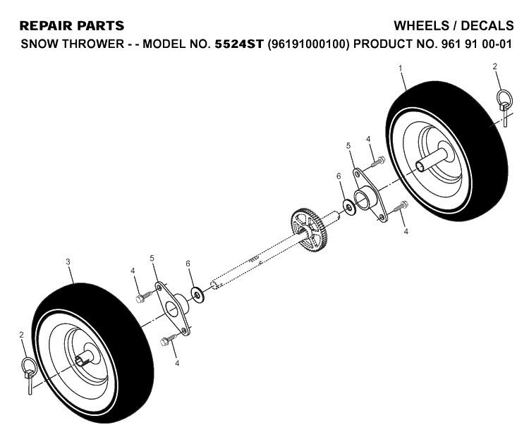 Wheels And Tires Diagram and Parts List for 5524ST (96191000100)(2005-10) Husqvarna Snow Blower