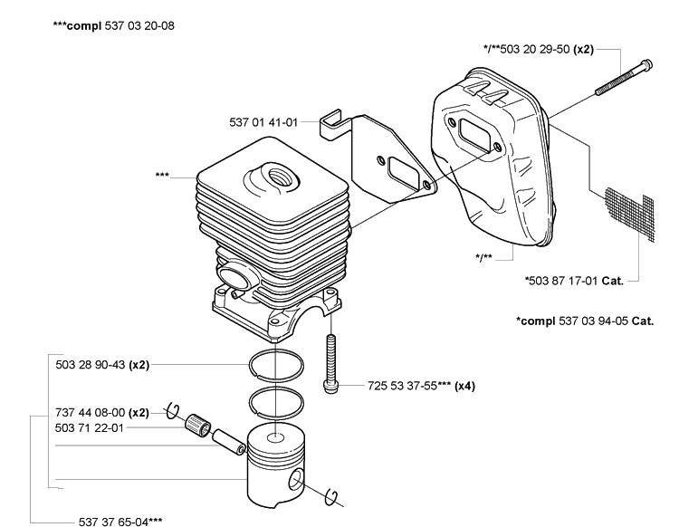 Piston/Cylinder/Muffler Diagram and Parts List for 223L 2005-04 Husqvarna Trimmer