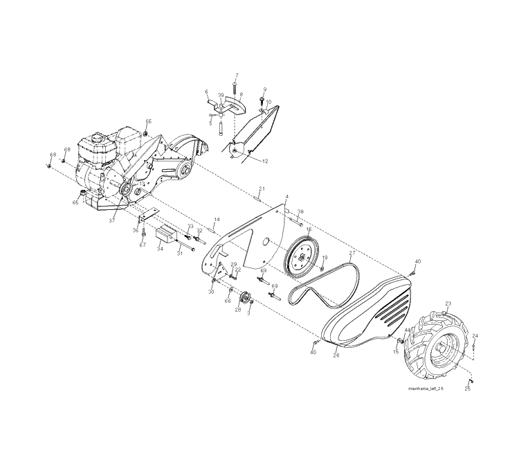 Mainframe, Left Side Diagram and Parts List for TR430 (96091001600)(2010-01) Husqvarna Cultivator