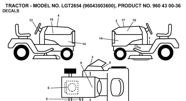 Decals Diagram and Parts List for LGT2654 (96043003600)(2006-12) Husqvarna Lawn Tractor