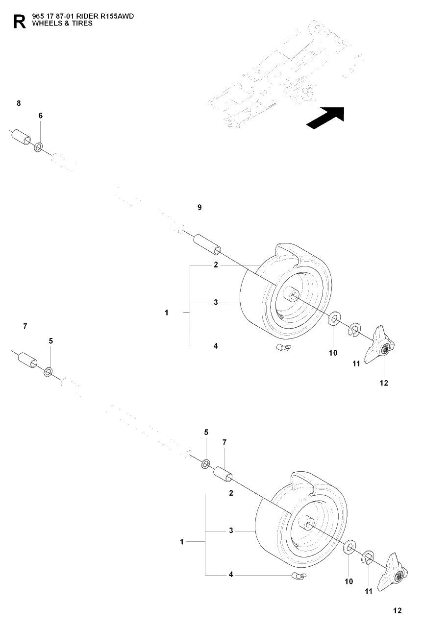 Wheels And Tires Diagram and Parts List for R155AWD (965178701)(2007-03) Husqvarna Lawn Tractor