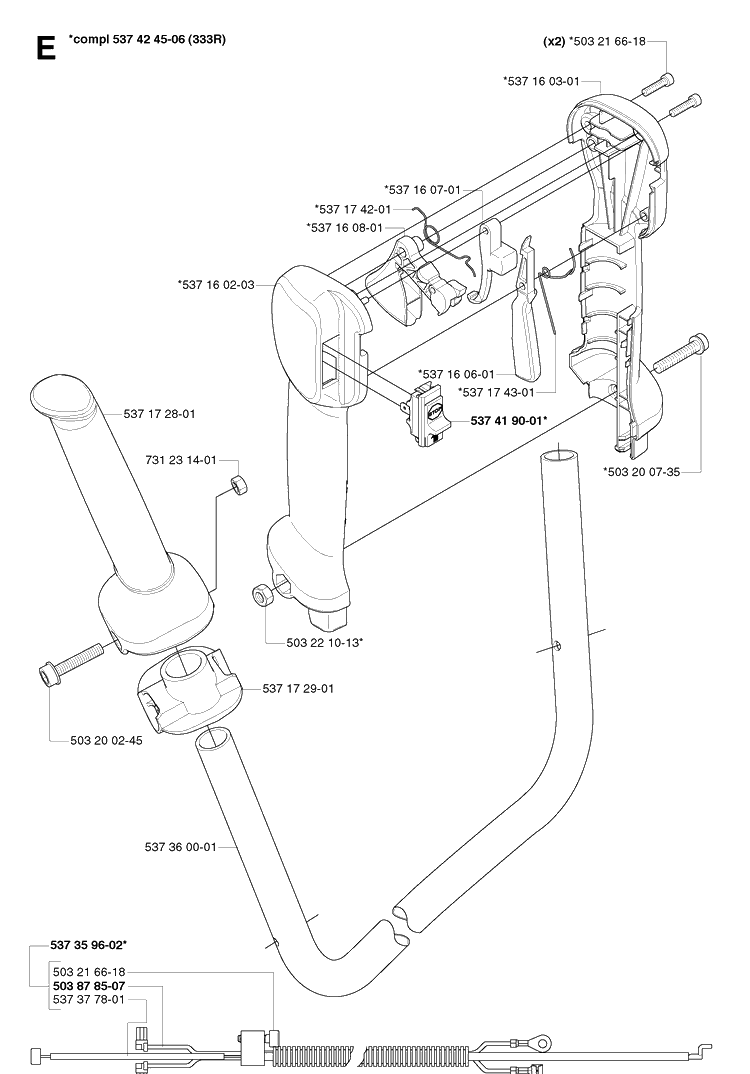Handle And Controls Diagram and Parts List for 333R 20064000001-20070100000 Husqvarna Brush Cutter