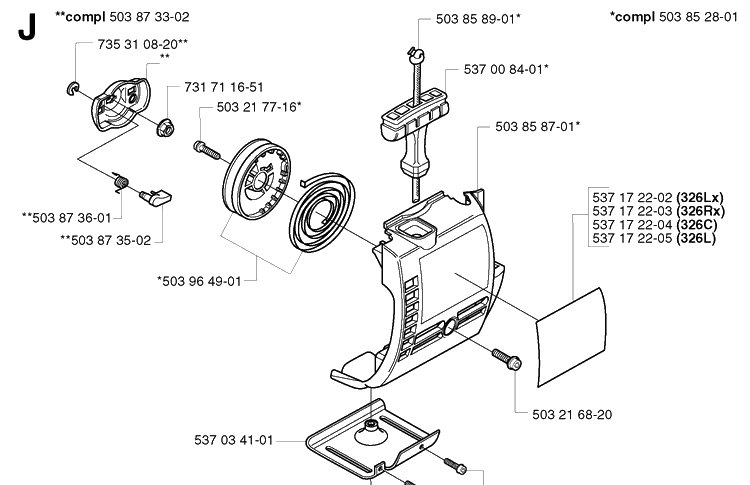 Starter Diagram and Parts List for 326C 20020500001-20023100000 Husqvarna Edger