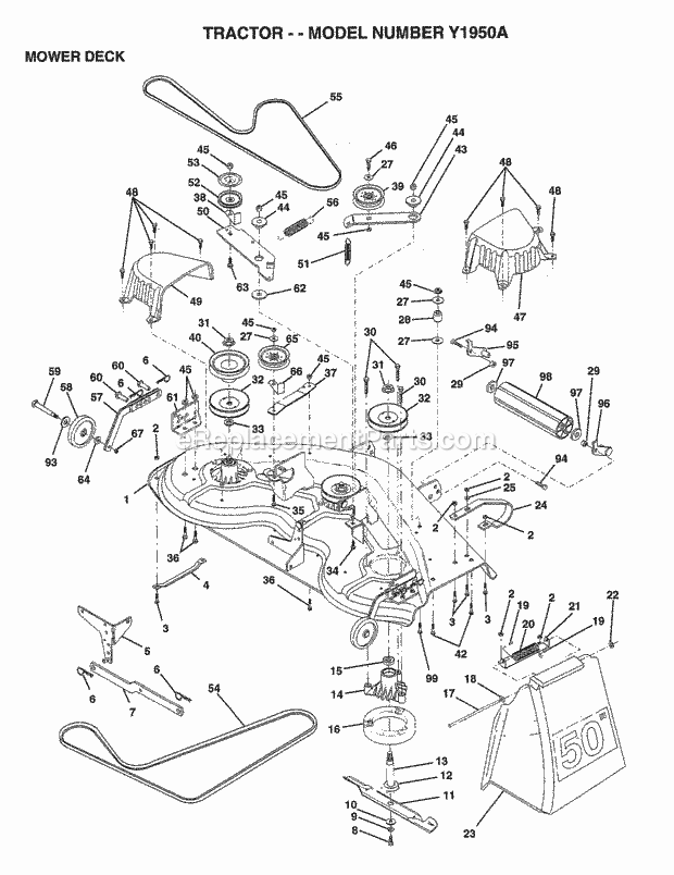Mower Deck Diagram and Parts List for Y1950A 1995 Husqvarna Lawn Tractor