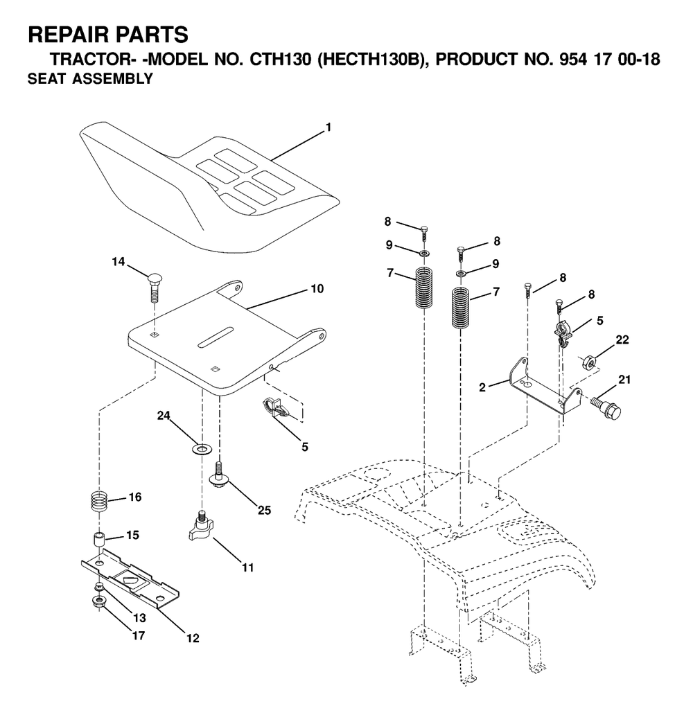 Seat Diagram and Parts List for CTH130 (954170018-B)(2000-03) Husqvarna Lawn Tractor