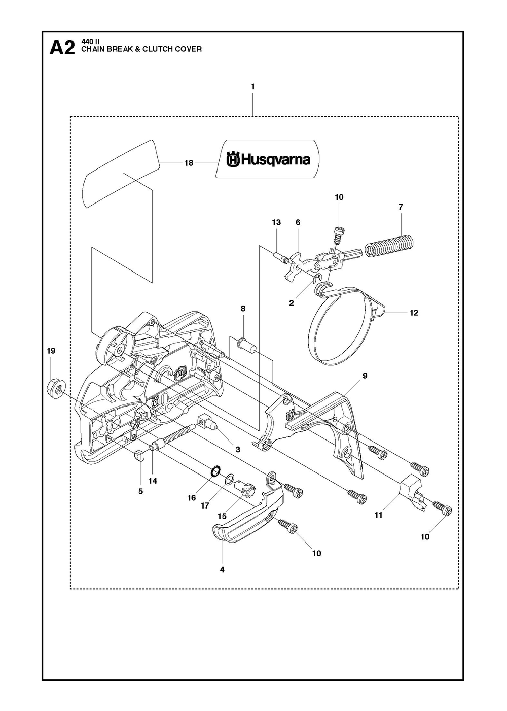 Chain Brake And Clutch Cover Diagram and Parts List for 440 e-series II Husqvarna Chainsaw