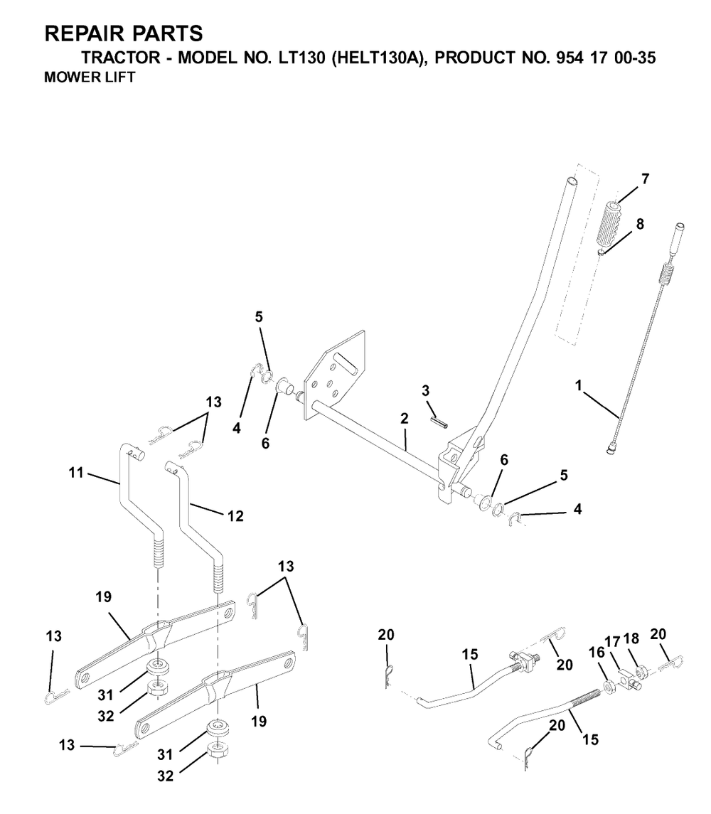 Mower Lift / Deck Lift Diagram and Parts List for LT130 (954170035-A)(2001-01) Husqvarna Lawn Tractor