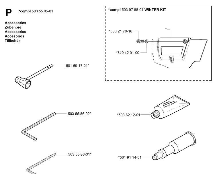 Accessories Diagram and Parts List for 359 20014000001-20041800000 Husqvarna Chainsaw