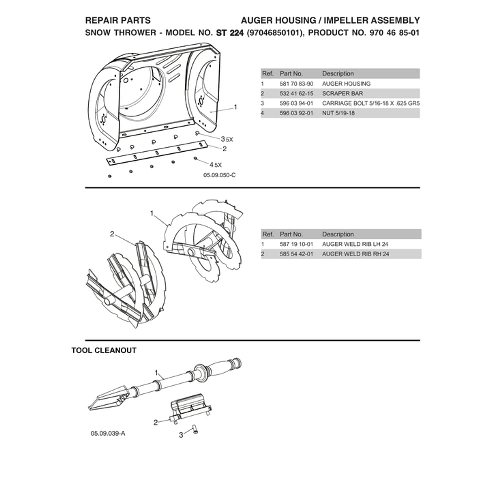 Tool Cleanout Diagram and Parts List for 970528602  Husqvarna Snow Blower