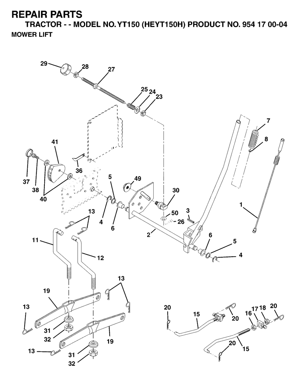 Mower Lift / Deck Lift Diagram and Parts List for YT150 (954170004-H)(1996-01) Husqvarna Lawn Tractor