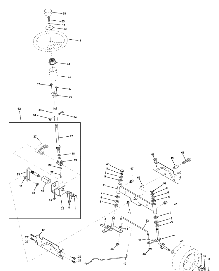 Steering Assembly Diagram and Parts List for LTH130 (954140005F)(1998-07) Husqvarna Lawn Mower