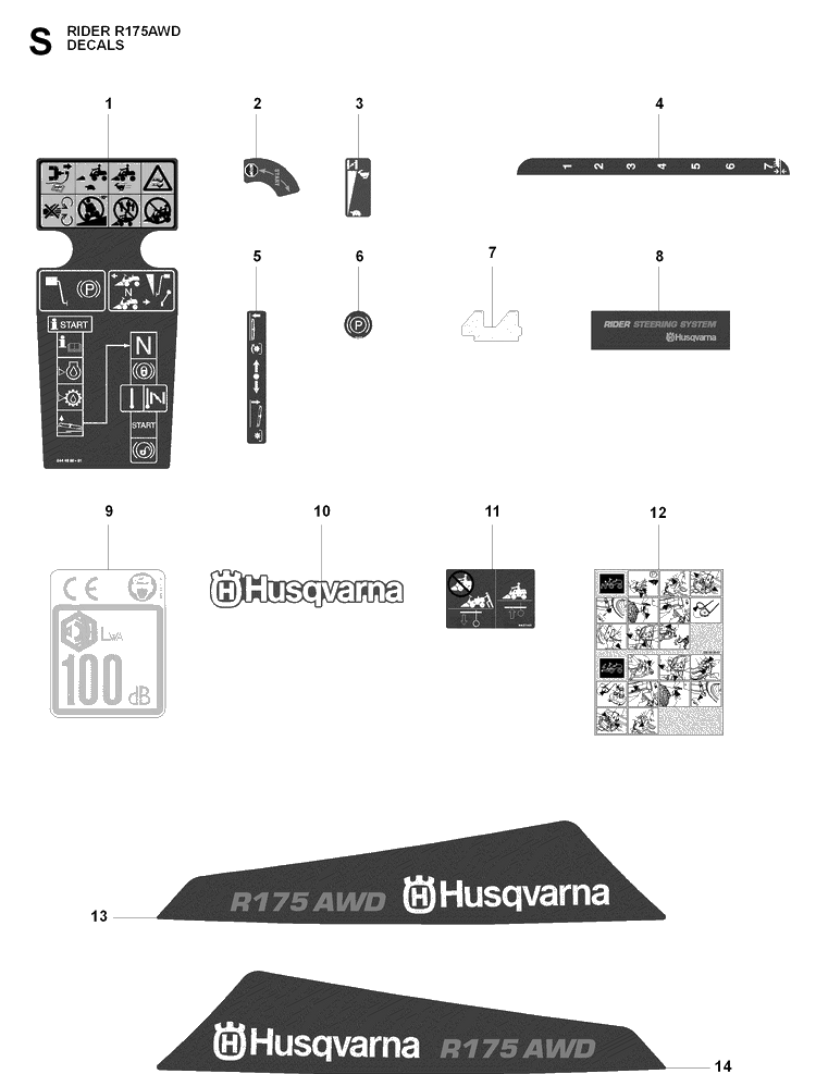 Decals Diagram and Parts List for RIDER175AWD (965105001)(2009-04) Husqvarna Lawn Mower