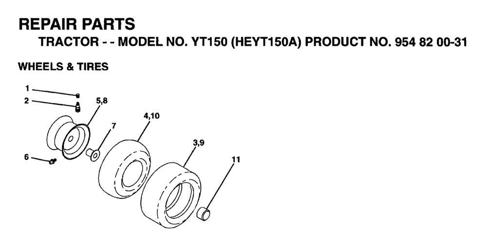 Wheels And Tires Diagram and Parts List for YT150 (954820031-A)(1996-01) Husqvarna Lawn Tractor