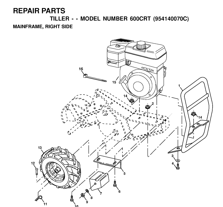 Mainframe, Right Side Diagram and Parts List for 600CRT (954140070C)(1999-09) Husqvarna Cultivator