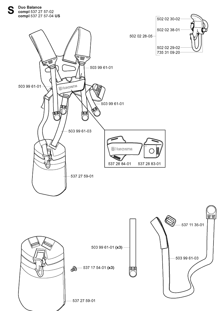 Harness Diagram and Parts List for 335R  Husqvarna Brush Cutter