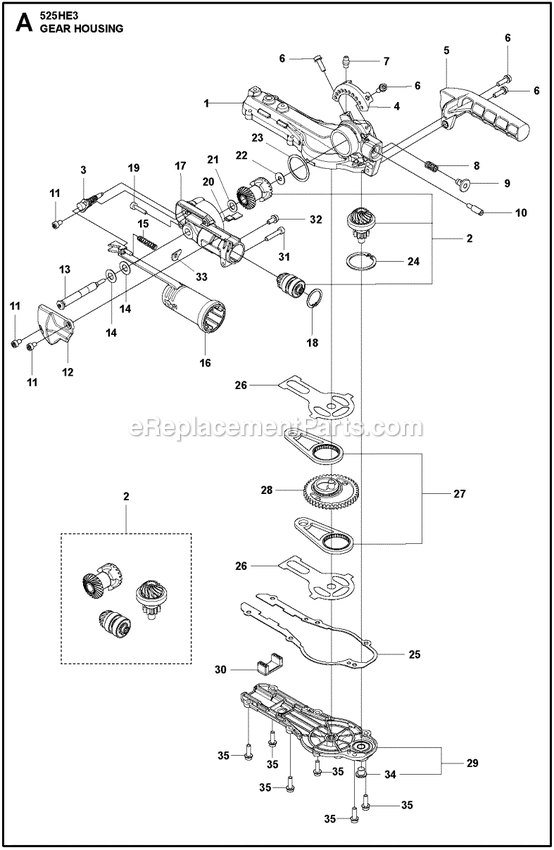 Gear Housing Diagram and Parts List for 525HE3  Husqvarna Trimmer