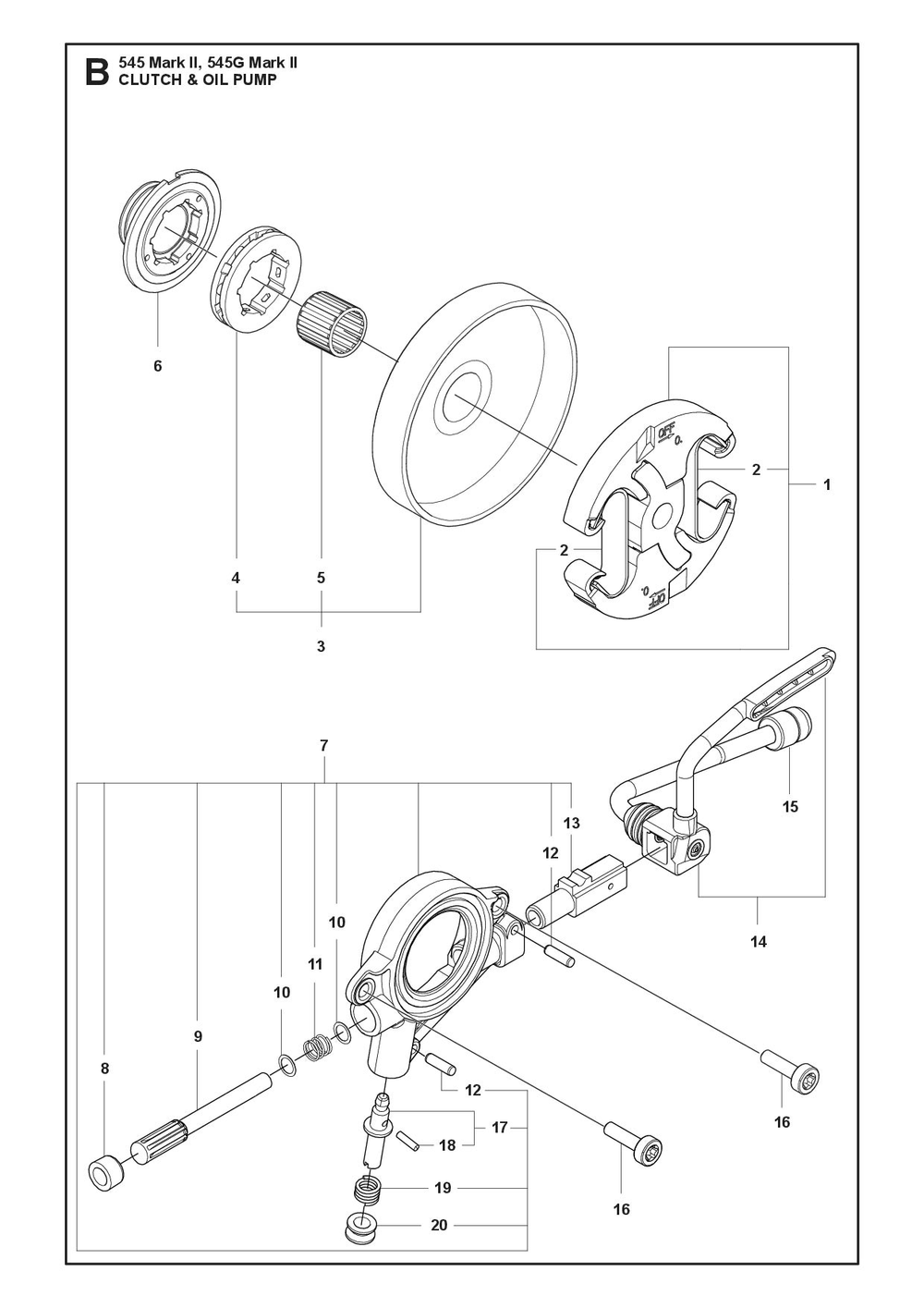 Clutch And Oil Pump Diagram and Parts List for 545GMARKII  Husqvarna Chainsaw
