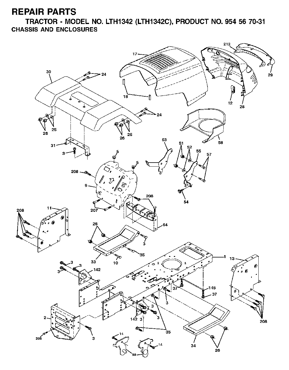 Chassis And Enclosures Diagram and Parts List for LTH1342 (LTH1342C, 954567031)(2001-11) Husqvarna Lawn Tractor