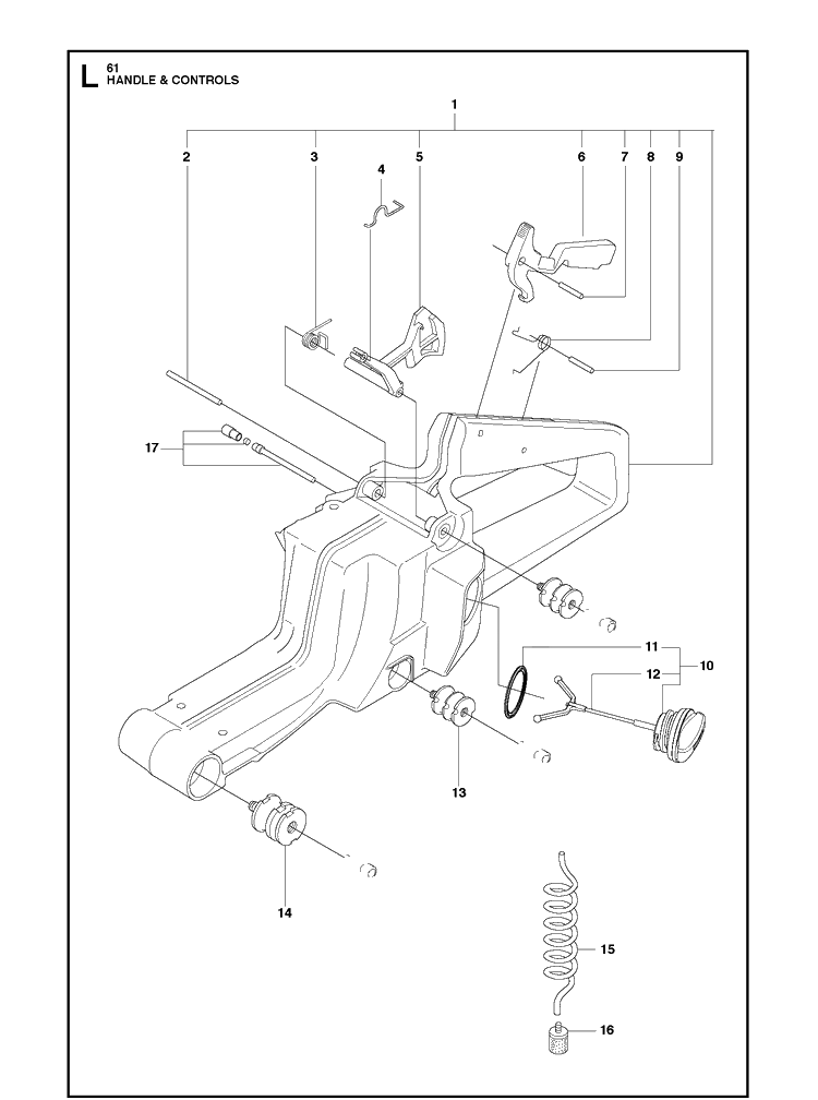 Handle And Controls Diagram and Parts List for 61 20110100001-20162700000 Husqvarna Chainsaw