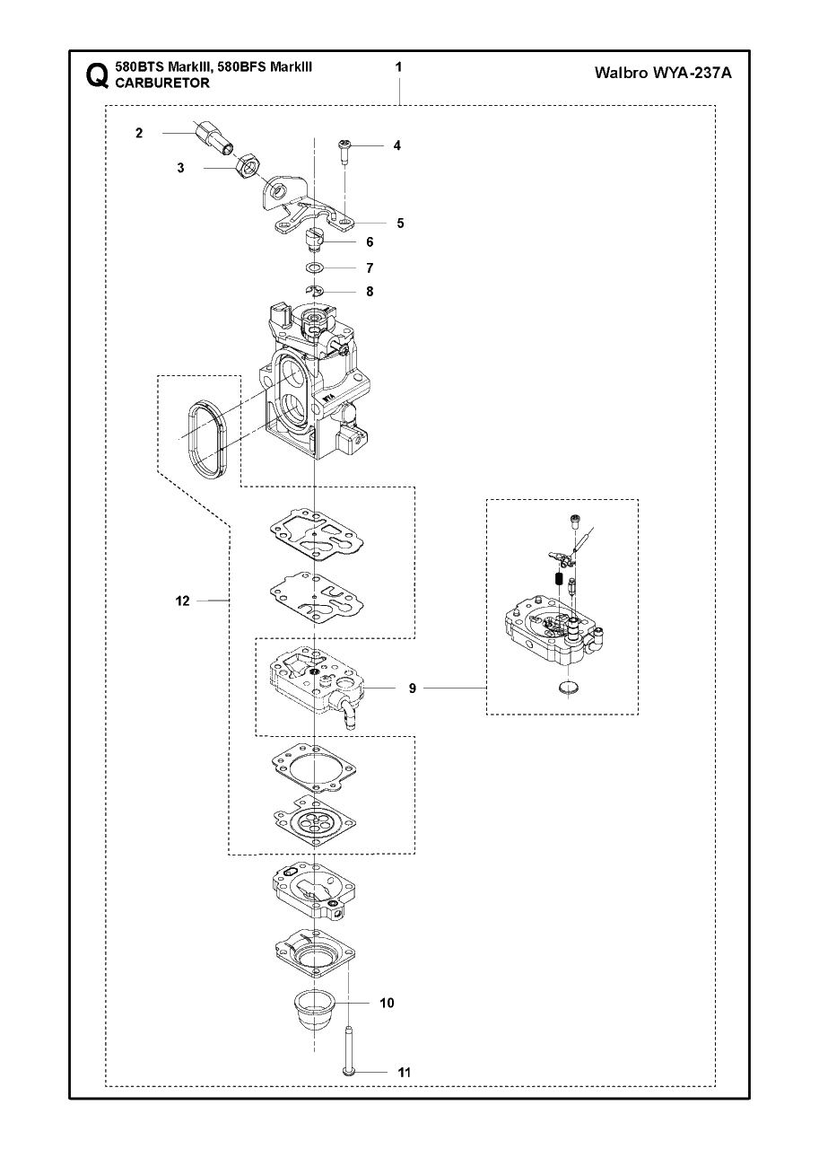 Carburetor Diagram and Parts List for 580BFS-BTS Mark III Husqvarna Leaf Blower / Vacuum