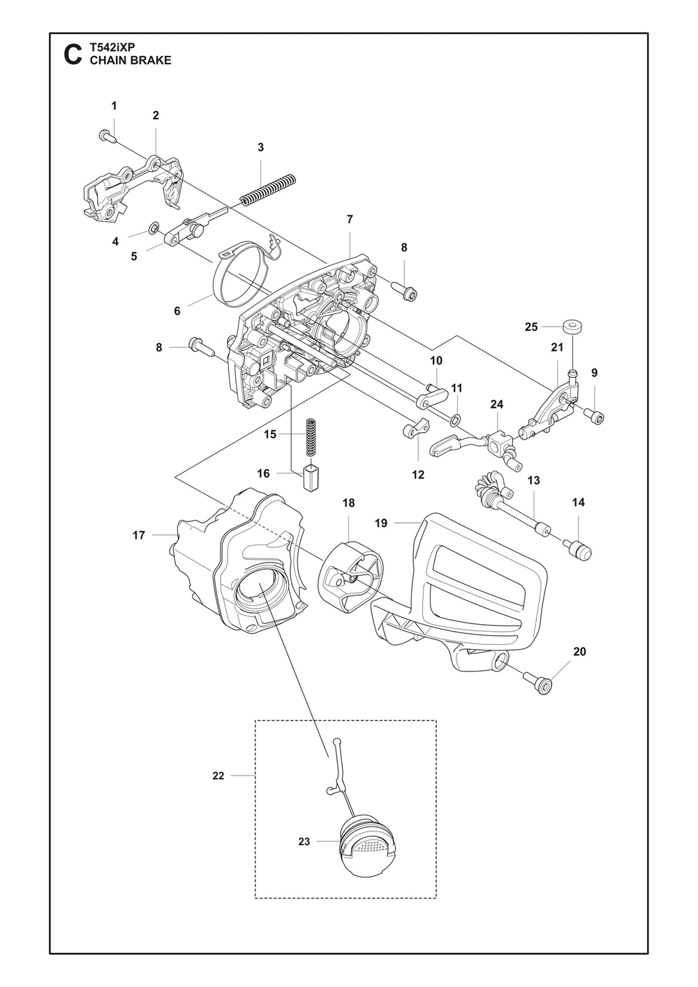 Chain Brake Diagram and Parts List for T542IXP  Husqvarna Chainsaw
