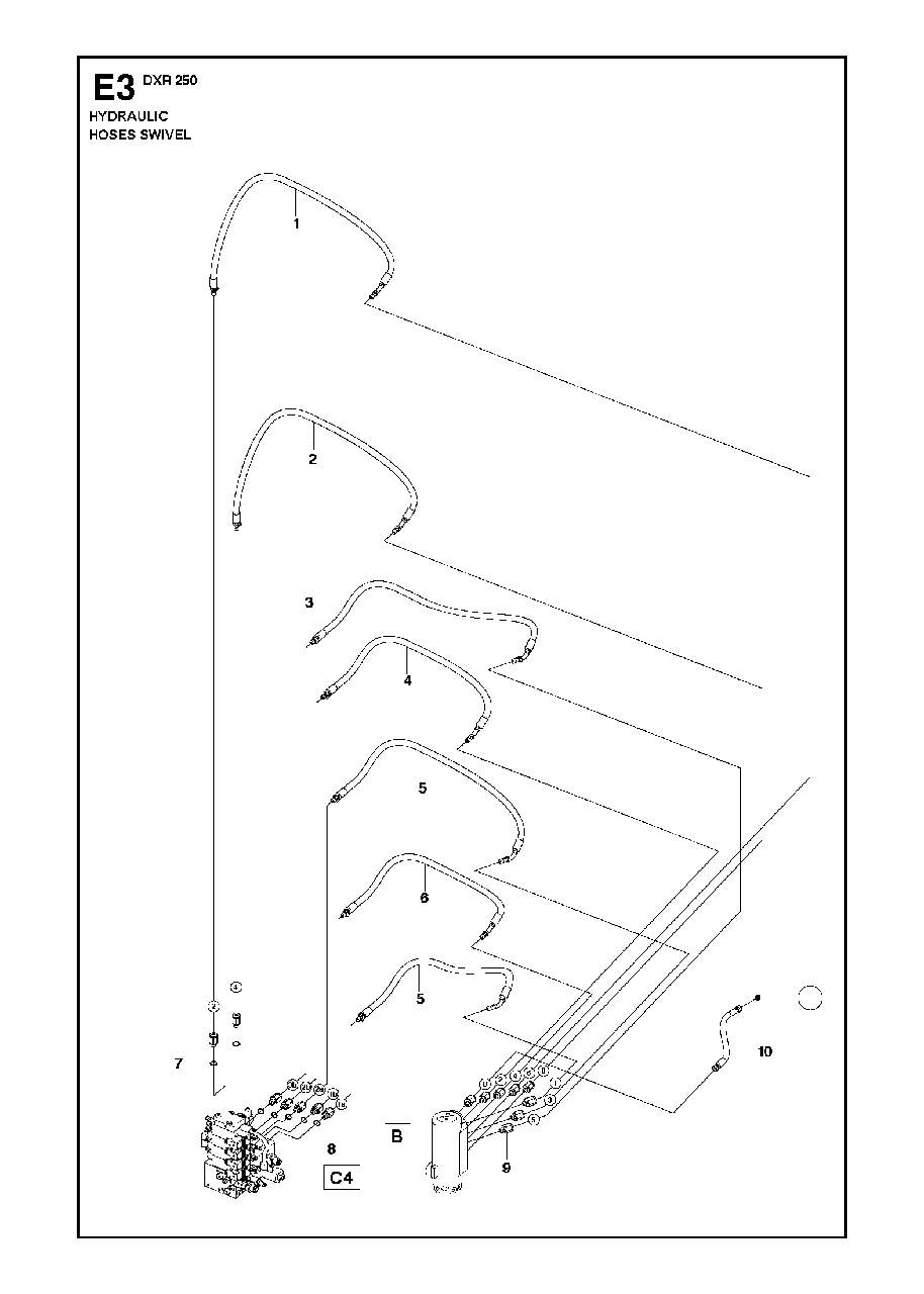 Hydraulic Hoses Swivel Diagram and Parts List for DXR250 (12 & Above)(2013-08) Husqvarna Demolition Hammer