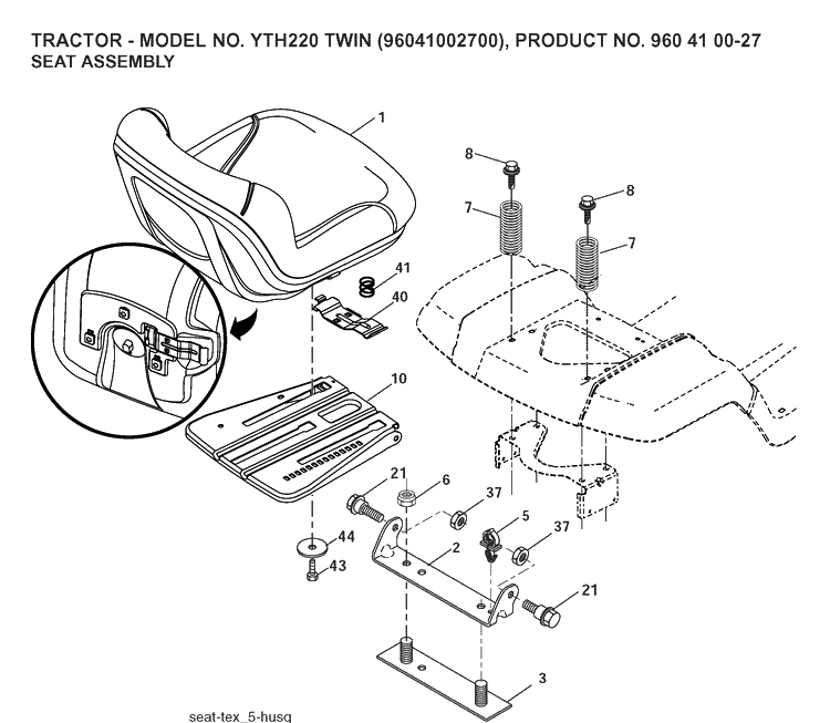 Seat Diagram and Parts List for YTH220TWIN (96041002700)(2007-04) Husqvarna Lawn Tractor