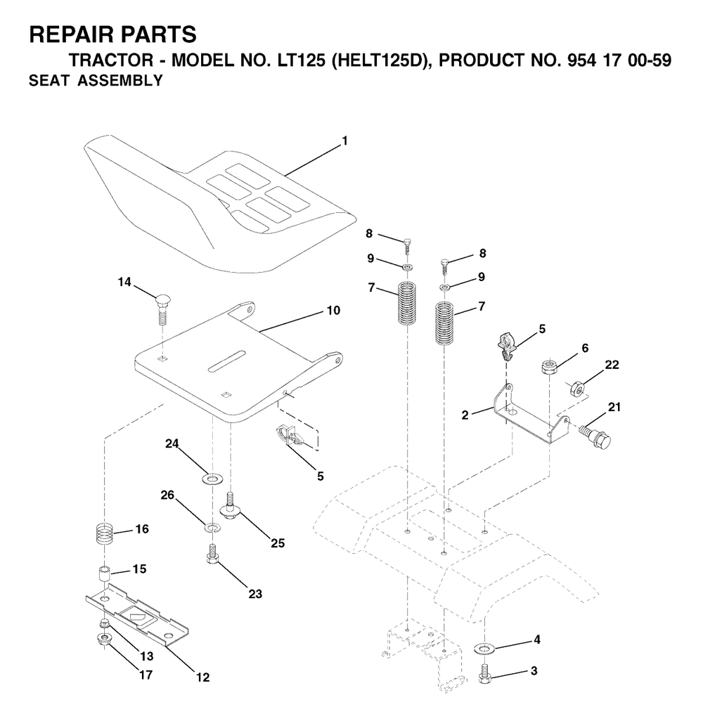 Seat Diagram and Parts List for LT125 (954170059-D)(2002-06) Husqvarna Lawn Tractor