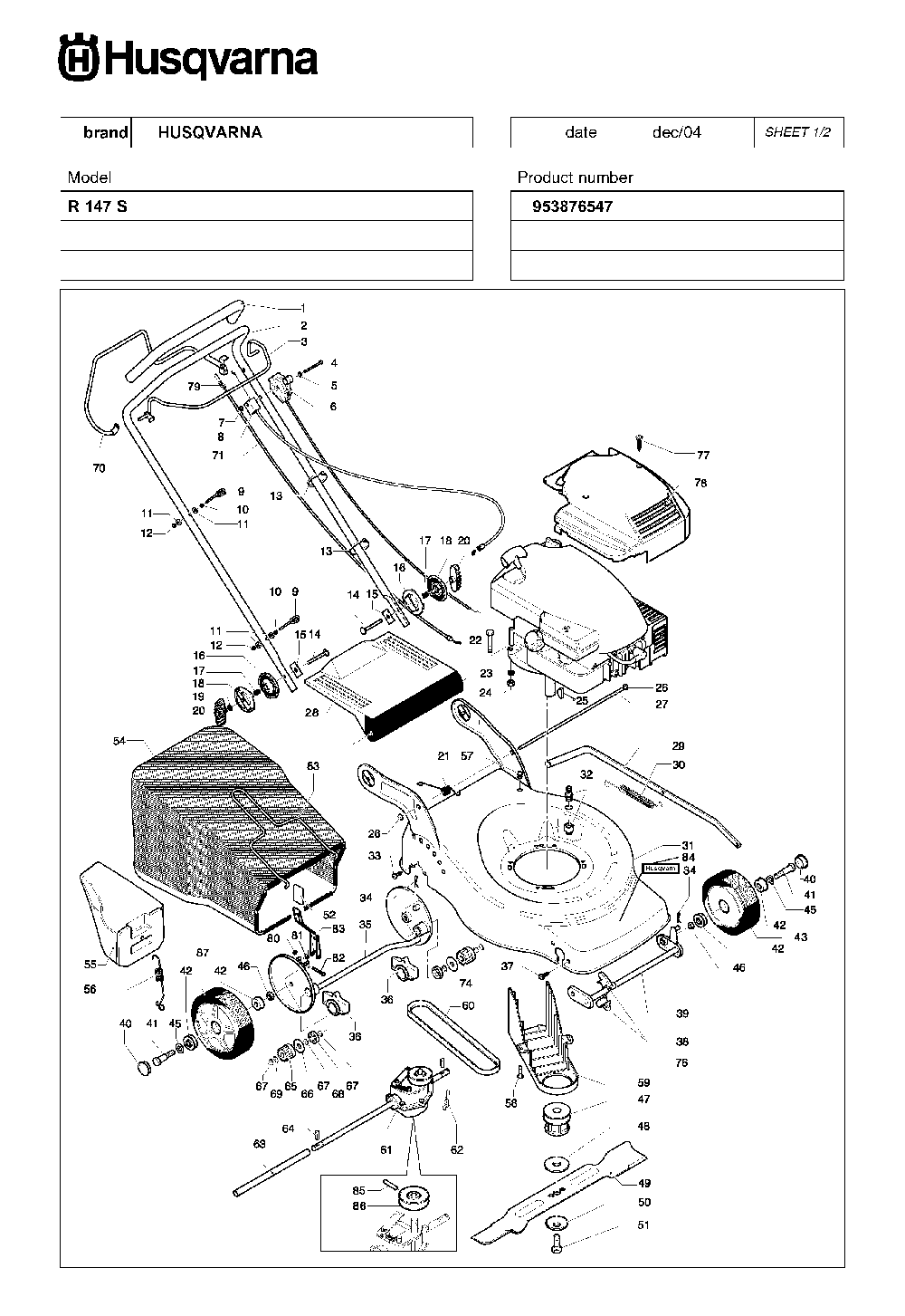 Product Complete Diagram and Parts List for R147S (953876547)(2005-02) Husqvarna Lawn Mower