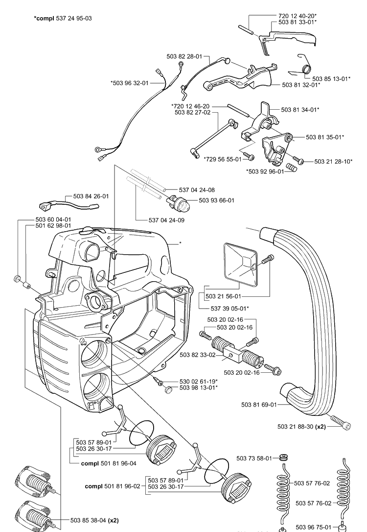 Tank / Housing / Handles Diagram and Parts List for 338XPT 2004-08 Husqvarna Chainsaw