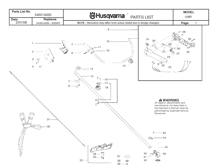 Shaft And Handle Diagram and Parts List for 125R 20082200001-Current Husqvarna Brush Cutter
