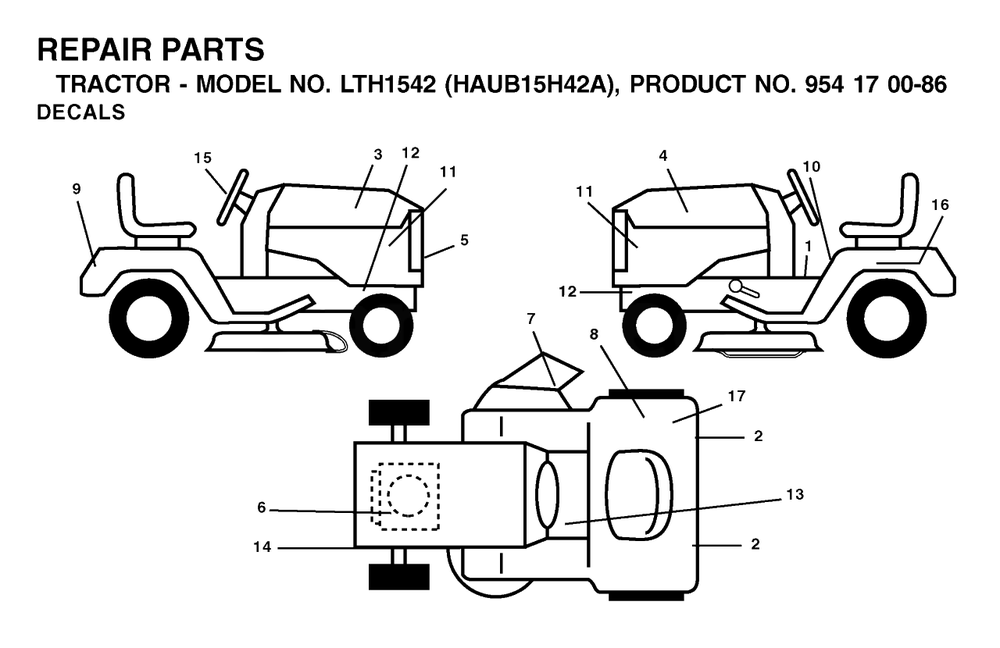 Decals Diagram and Parts List for LTH1542 (954170086-A)(2003-01) Husqvarna Lawn Tractor