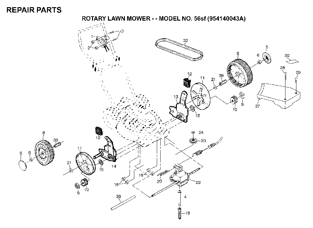 Repair Parts Diagram and Parts List for 56SF (954140043A, 532702511)(1998-02) Husqvarna Lawn Mower