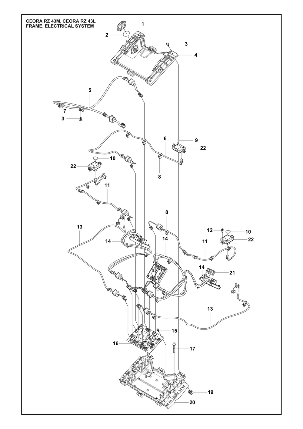 Frame, Electrical System Diagram and Parts List for CEORARZ43M  Husqvarna Lawn Mower