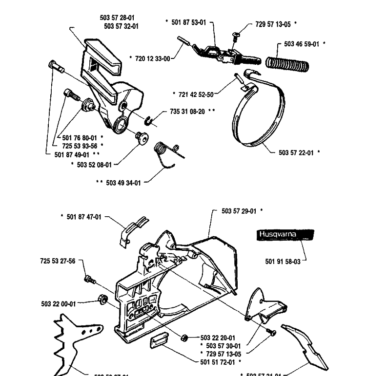 Chain Brake Assembly Diagram and Parts List for 61 1991-03 Husqvarna Chainsaw