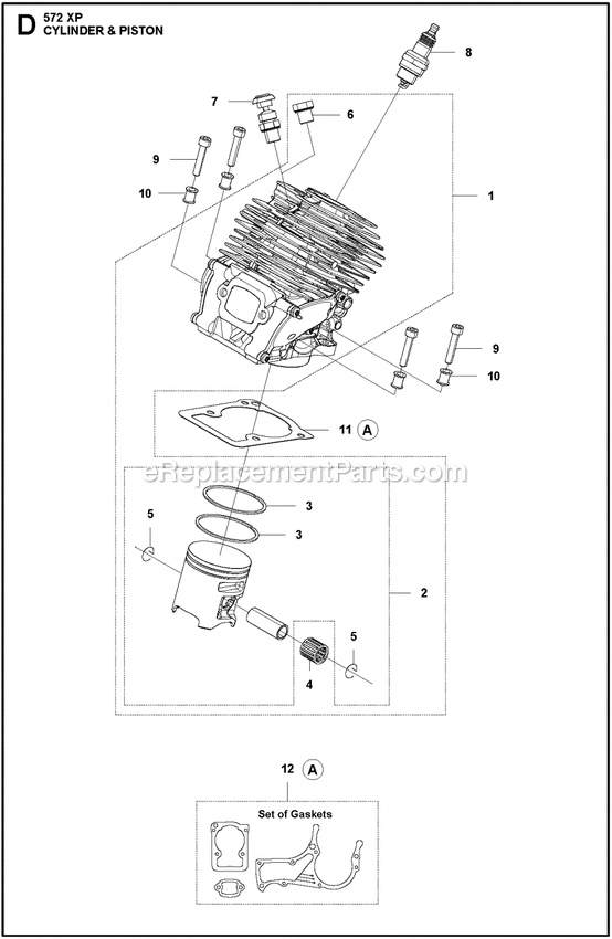 Cylinder Piston Diagram and Parts List for 572XPG  Husqvarna Chainsaw