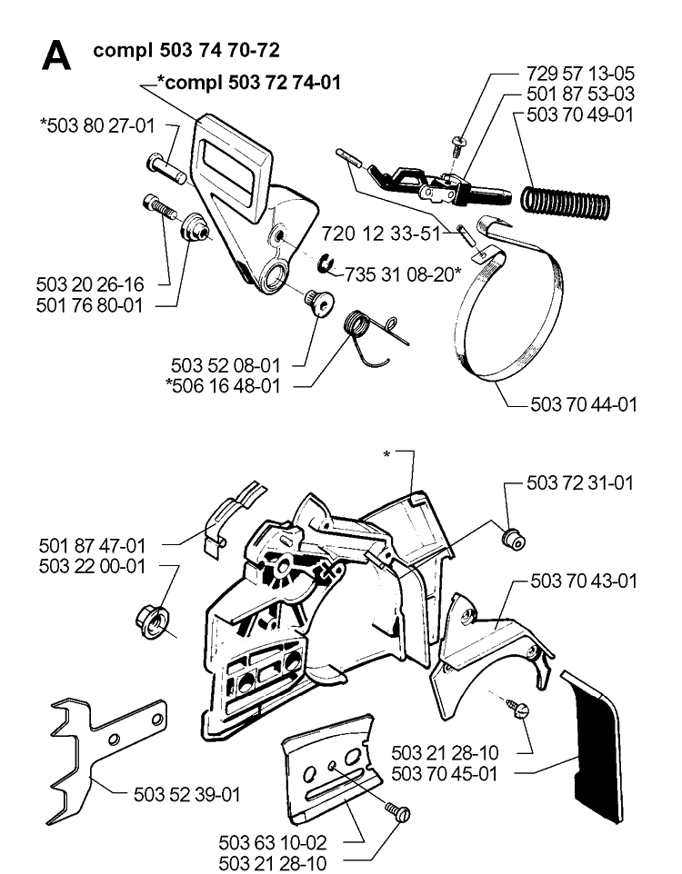 Chain Brake Diagram and Parts List for 261 19981000001-19992399999 Husqvarna Chainsaw