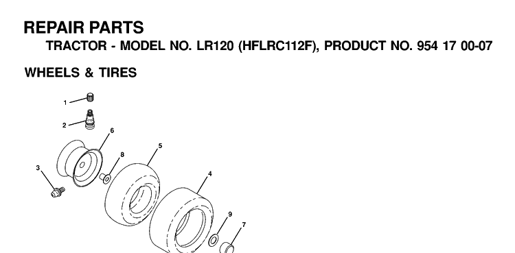 Wheels And Tires Diagram and Parts List for LR120 (HFLRC112F)(2000-03) Husqvarna Lawn Tractor