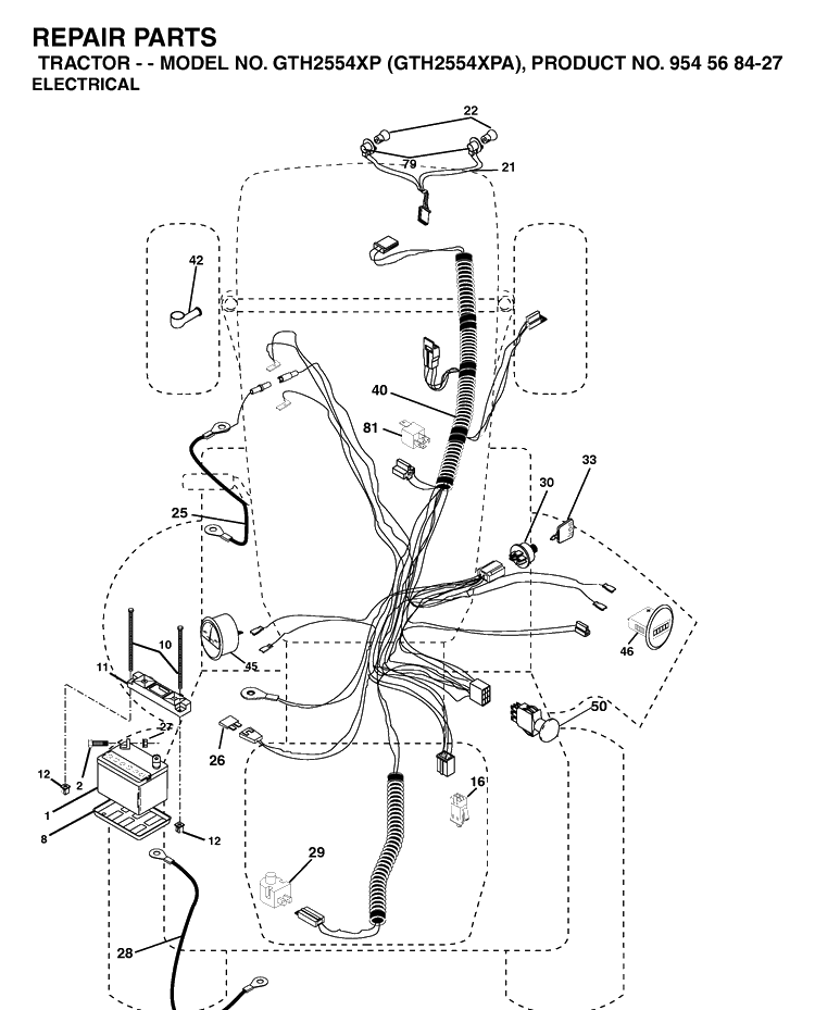 Electrical Diagram and Parts List for GTH2554XP-GTH2554XPA 2004-08 Husqvarna Lawn Tractor