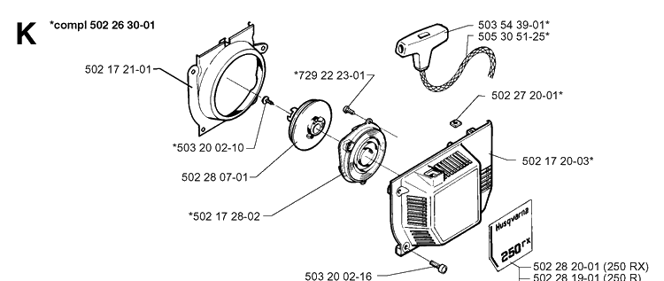 Starter Diagram and Parts List for 250RX 19973100001-Current Husqvarna Brush Cutter